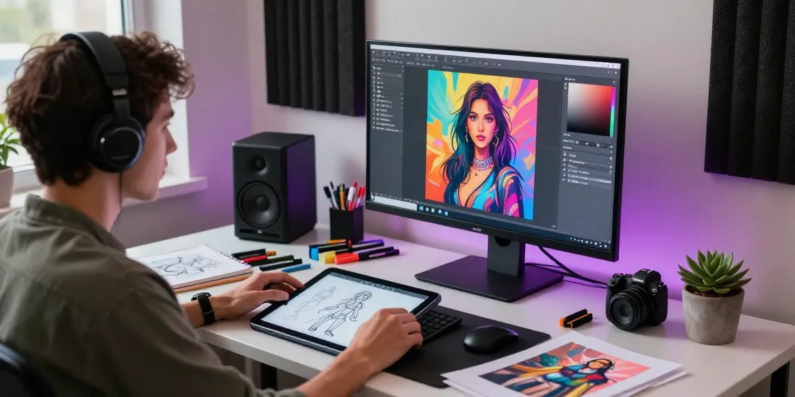 Creating vibrant NSFW AI artwork in a modern digital studio setting.