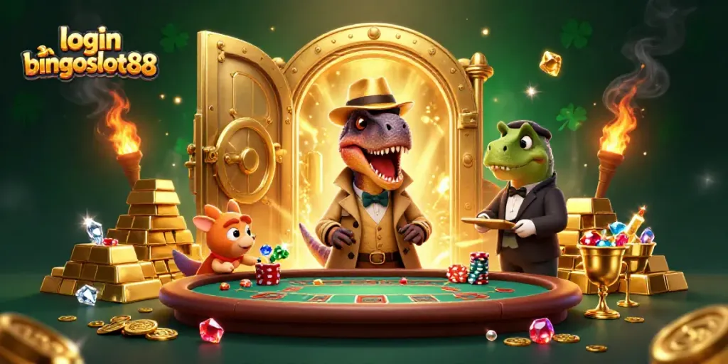 Login bingoslot88 dengan velociraptor dan stegosaurus dalam ilustrasi kasino yang berkilauan.