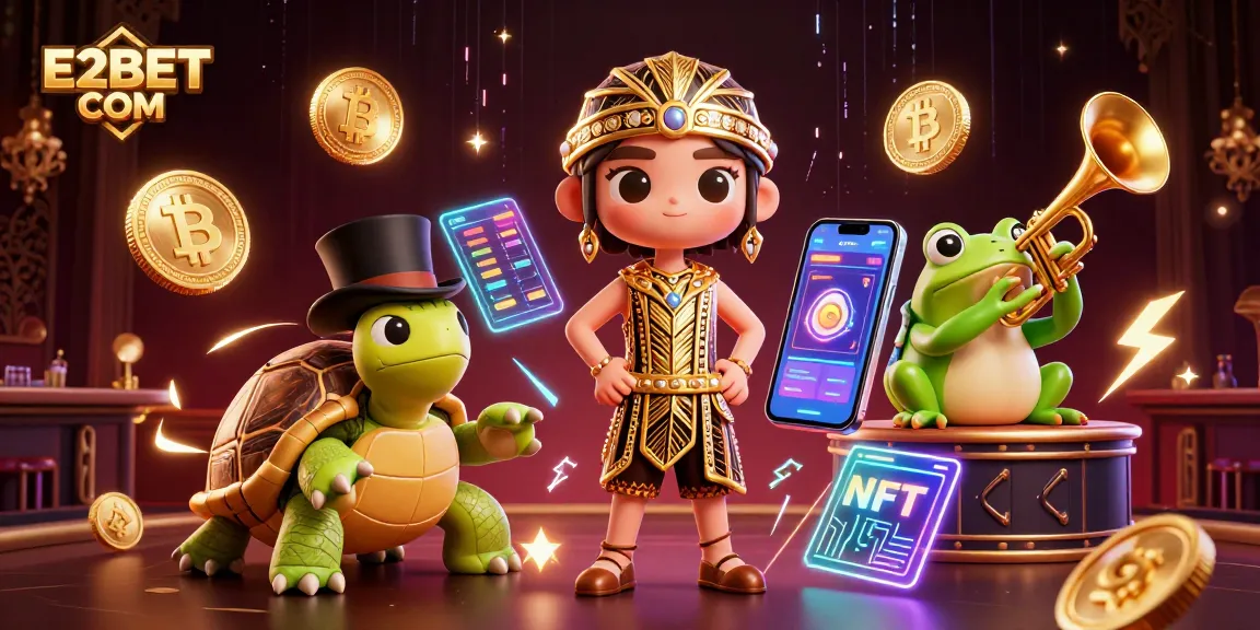 Win with E2BET COM in an engaging 3D casino scene featuring cryptocurrency elements.