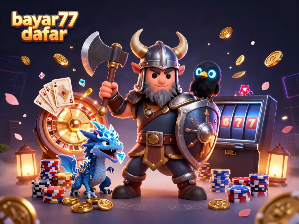 Experience thrilling gameplay with bayar77 daftar, featuring a Viking warrior, dragon, and casino elements.