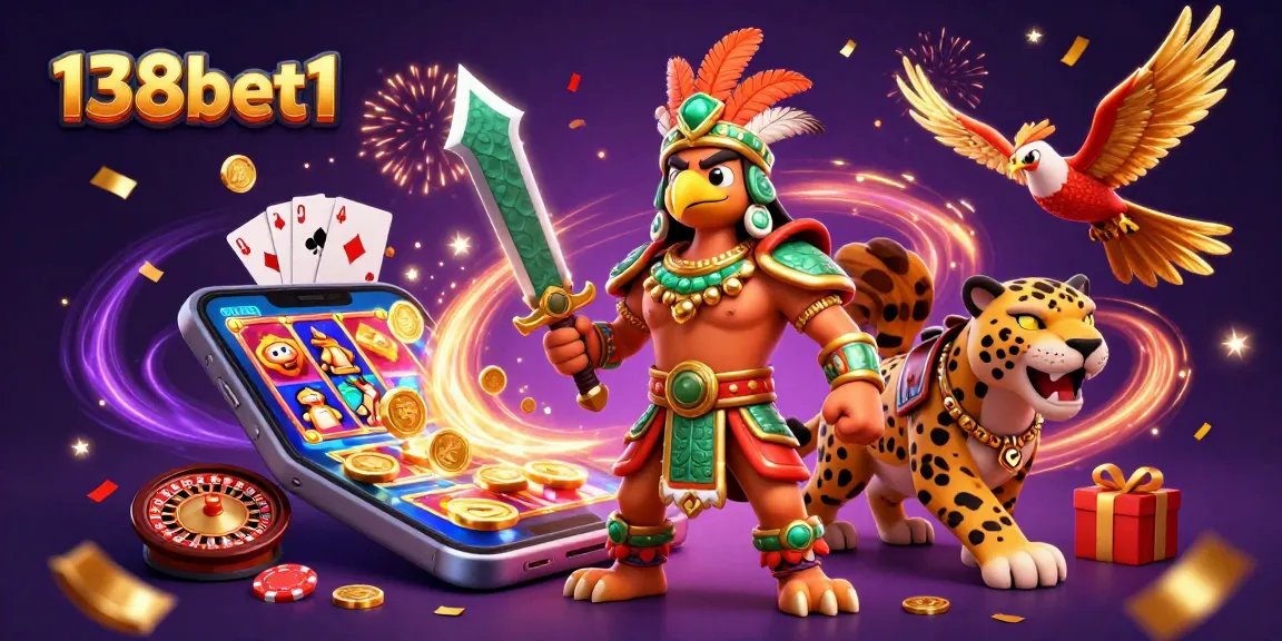 Win big rewards playing features of 138bet1 with vibrant illustrations of slot games and casino elements.