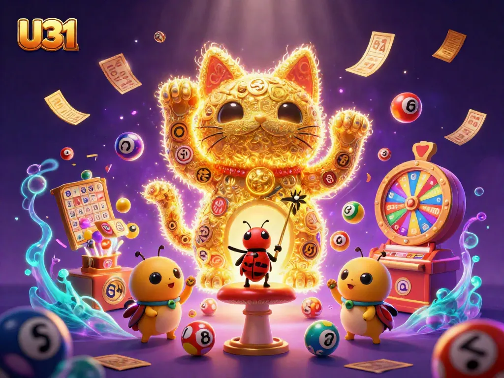 Experience U31's exciting casino games with a vibrant lucky cat illustration surrounded by dynamic gaming symbols.