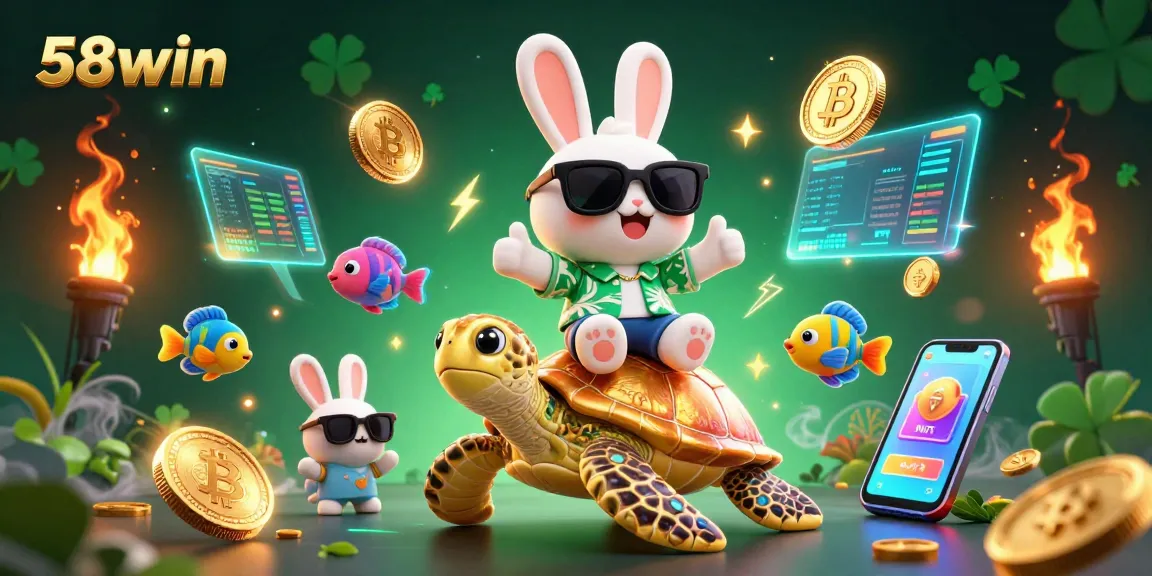 Win big at 58win with a playful scene featuring lucky rabbit and golden sea turtle amidst vibrant casino elements.