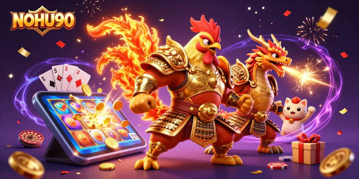 Engage with NOHU90's thrilling gaming world featuring vibrant characters and casino elements.