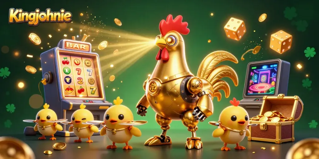 Spin and win with kingjohnnie at this vibrant online casino scene featuring animated casino elements.