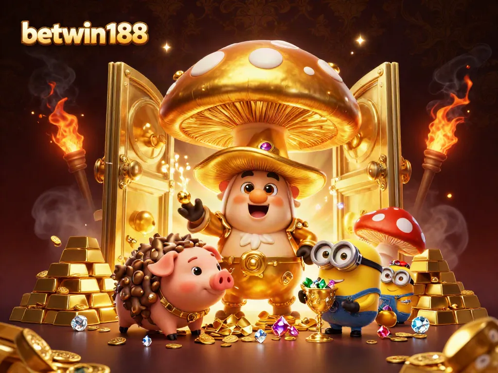 Experience the magic of betwin188 with a golden wizard amidst treasures and games.