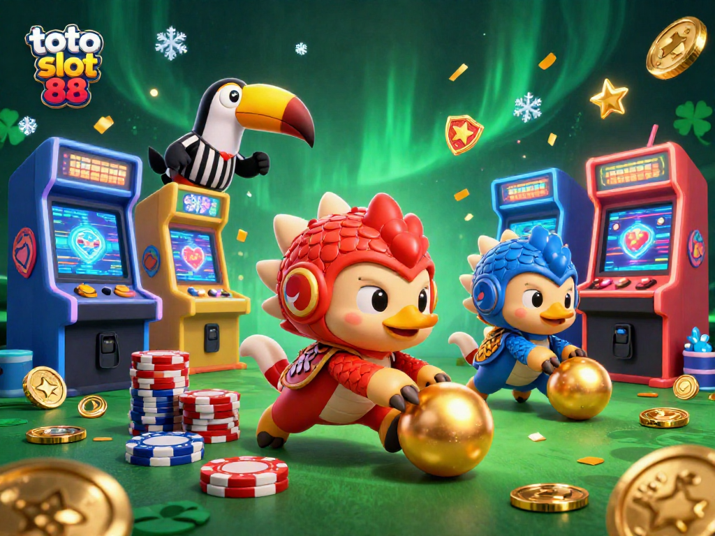 Engage with toto slot 88 as competitive pangolins roll golden balls, surrounded by exciting casino game elements.
