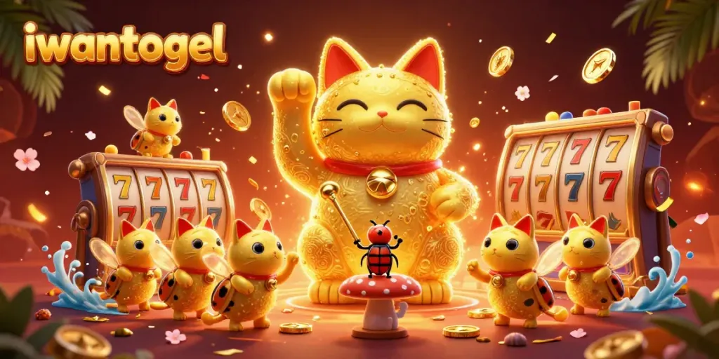 Experience luck with iwantogel's vibrant 3D illustration capturing a lucky cat and casino symbols.
