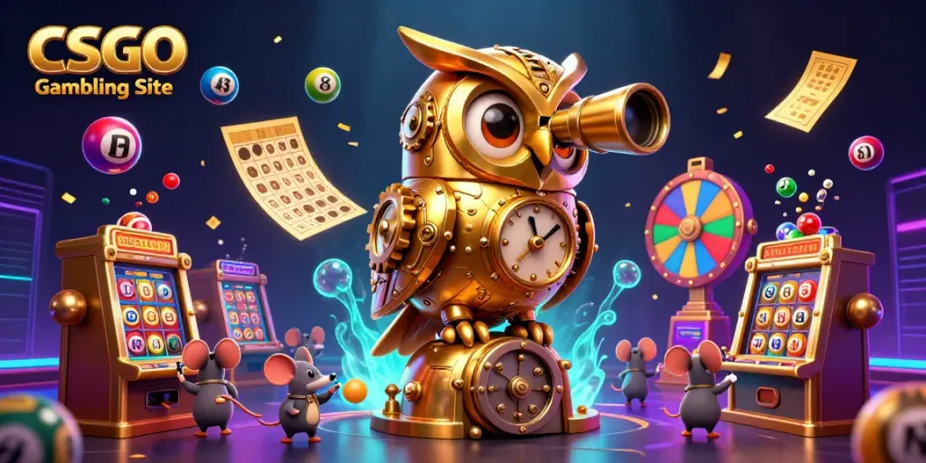 Experience the excitement of the CSGO Gambling Site with an animated owl and dynamic casino elements.