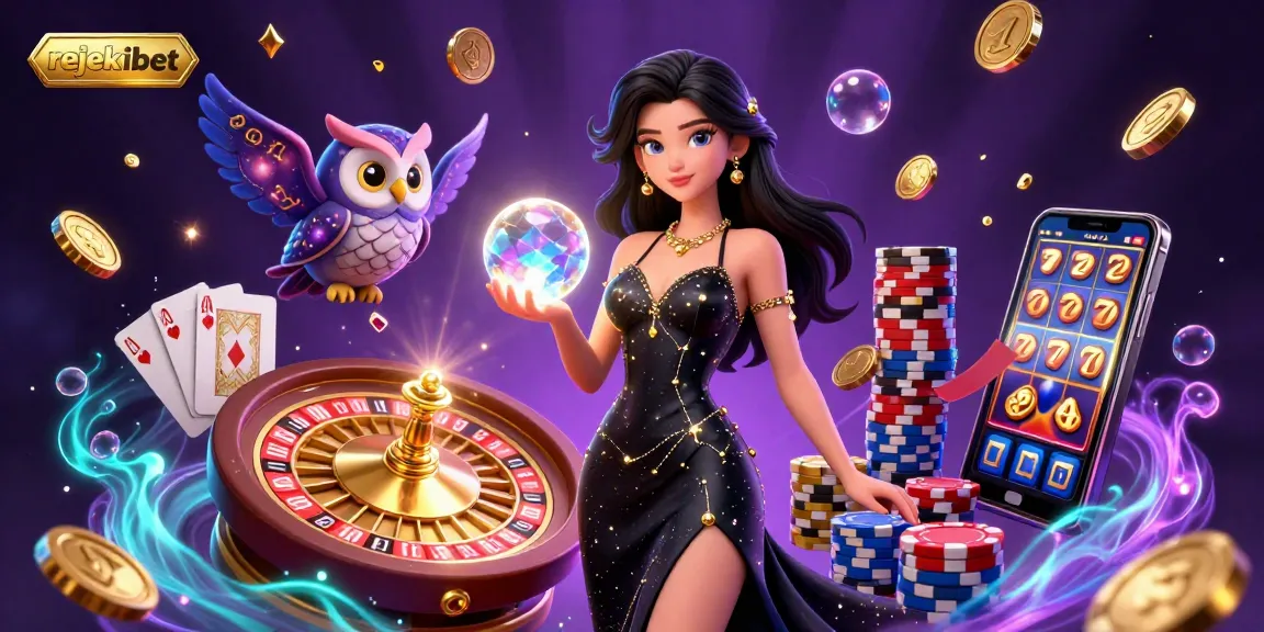 Engage with rejekibet's thrilling casino experience, showcasing a dynamic woman with a crystal ball amid gaming excitement.