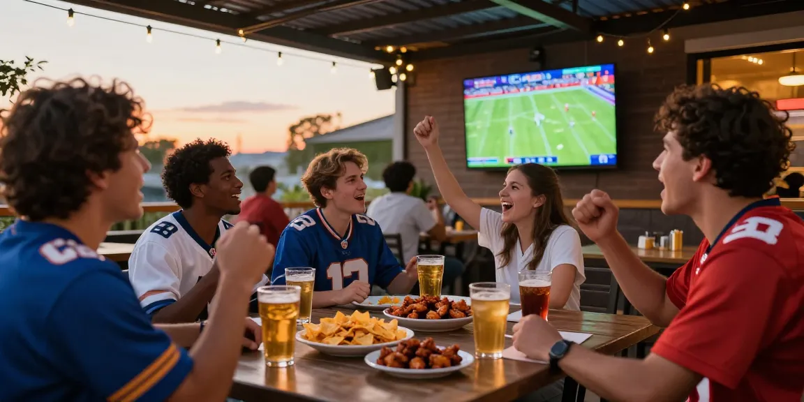 شاهد المباريات هنا with friends in lively sports bar atmosphere, enjoying live football match.