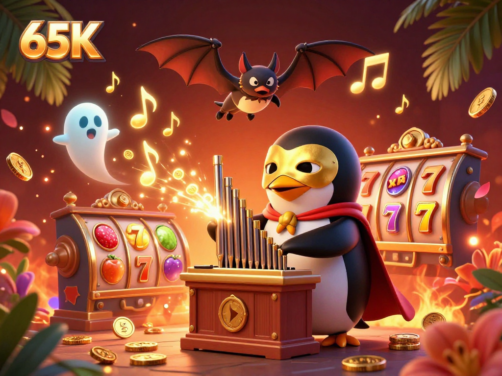 O 65K traz uma cena vibrante de um pinguim fantasma tocando um órgão, cercado por elementos de cassino.