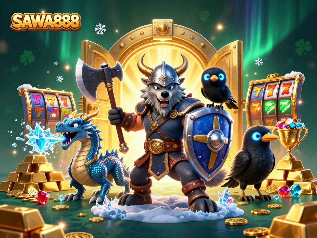 Unleash the power of SAWA888 with a captivating Viking warrior and dragon amidst dazzling casino treasures.