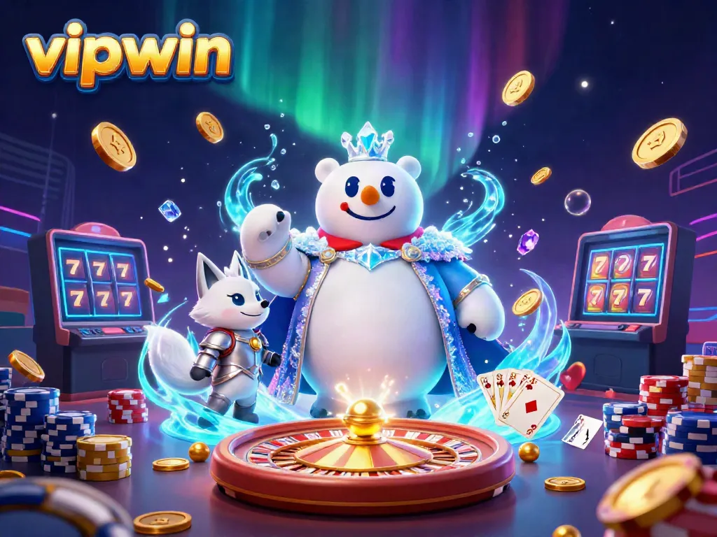Experience vipwin thrills with a royal polar bear and snow fox amidst cascading casino riches.