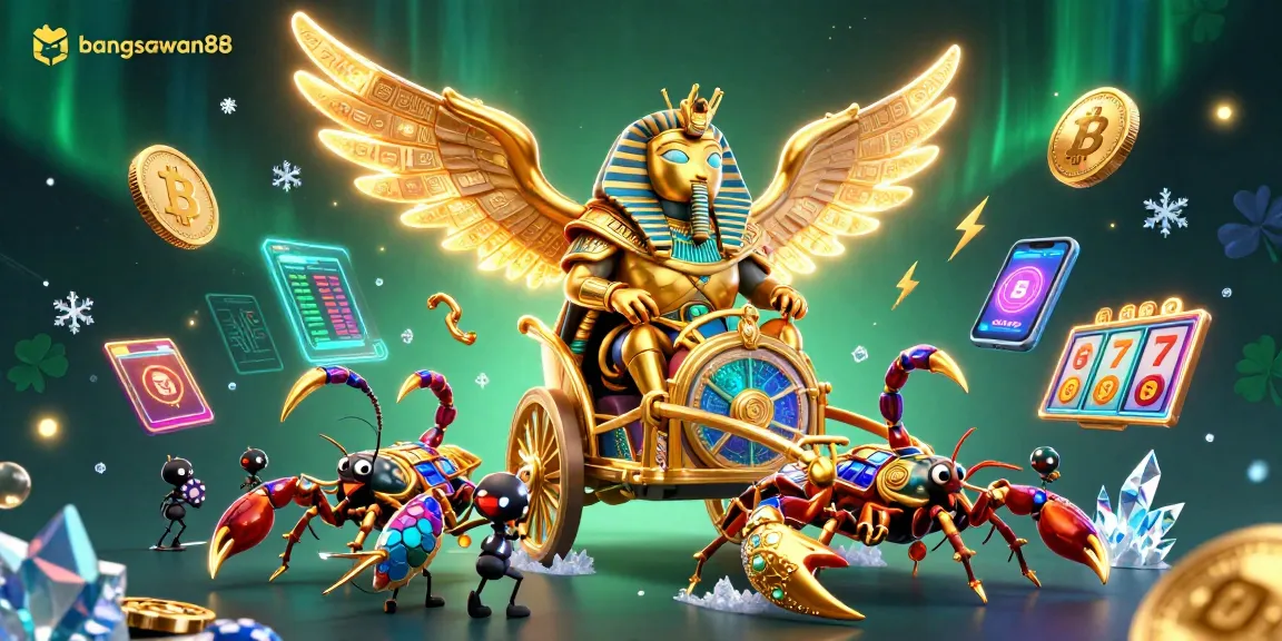 Bangsawan88 showcases an exciting scene with a golden scarab in casino armor, surrounded by crypto coins and slot symbols.