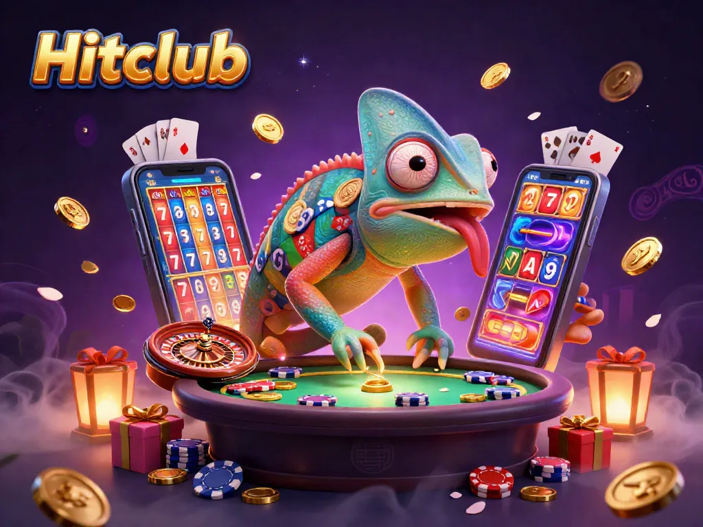 Hitclub chameleon casino owner grabs golden coins with a vibrant casino atmosphere.
