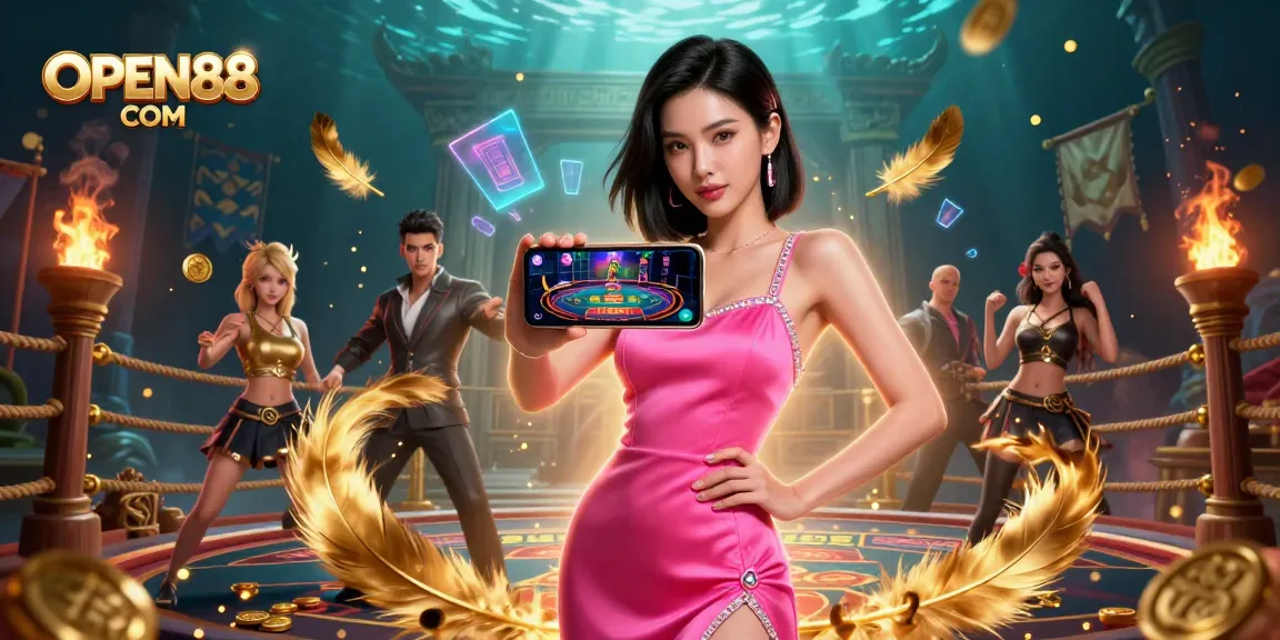 Play casino games on OPEN88 COM with an elegant Asian woman showcasing live dealer gameplay.