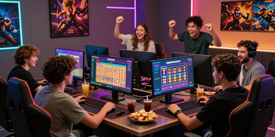 Friends enjoying online gaming on ngamenjitu with lottery results and slot games in modern setting.