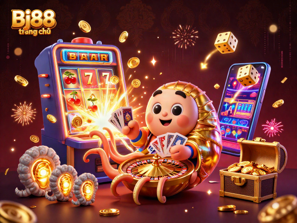 Bj88 trang chủ showcases a vibrant 3D illustration of a giant nautilus as a roulette wheel amidst colorful casino elements.