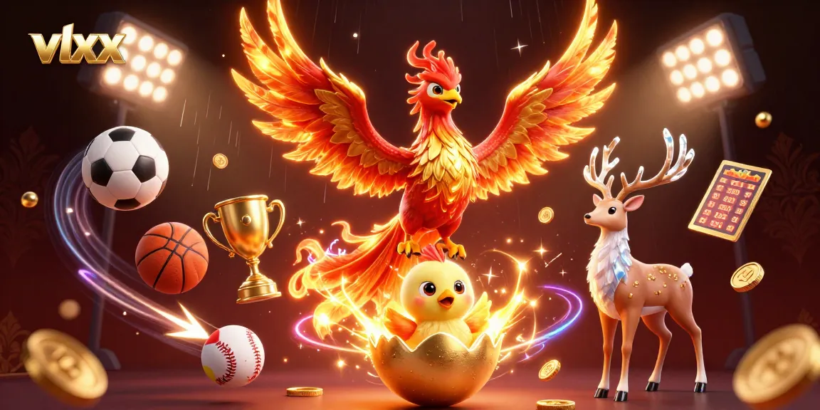 Engage with vlxx as a phoenix rises among sports elements in a dynamic casino scene.