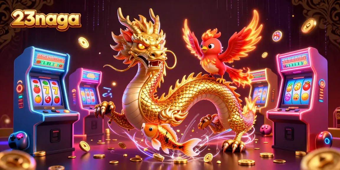 Experience thrilling wins at 23naga with a fierce dragon, phoenix, and koi fish amidst gaming elements.