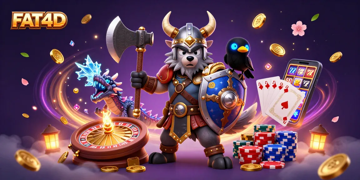 Experience FAT4D's dynamic gaming with our Viking wolf warrior and fiery dragon amid golden coins and jackpot thrills.