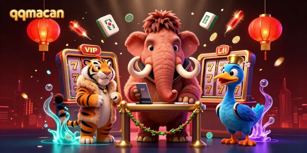 Experience luxury at qqmacan casino with cartoon characters welcoming VIP guests in a vibrant atmosphere.