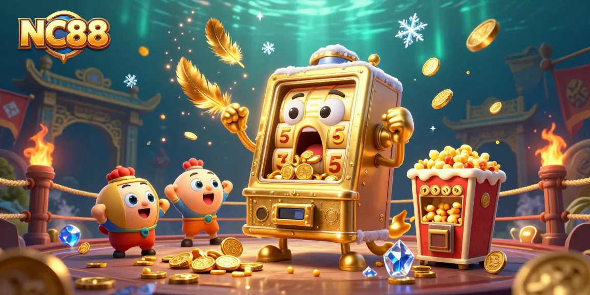 Experience NC88's thrilling gold rush as cartoon slot machines celebrate jackpots amidst dazzling casino elements.