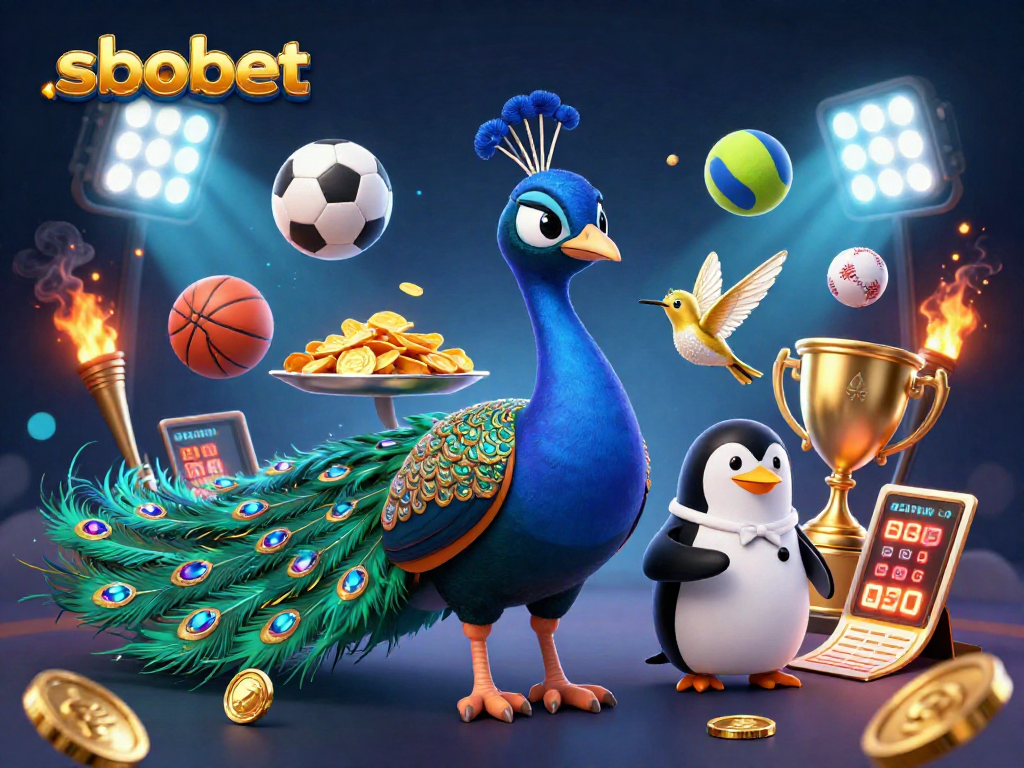 Sbet players enjoying a vibrant scene with dynamic sports elements, trophies, and betting slips showcasing SBOBET.