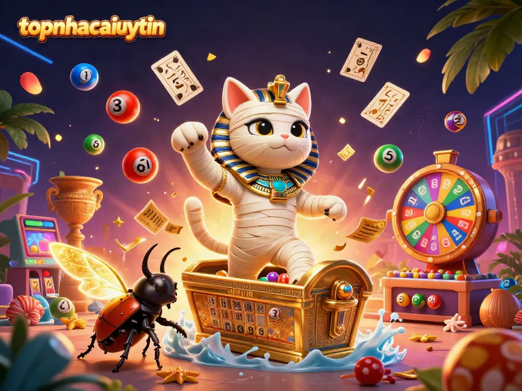 Engage in thrilling casino action with topnhacaiuytin as the Egyptian mummy cat and scarab beetle celebrate wins.
