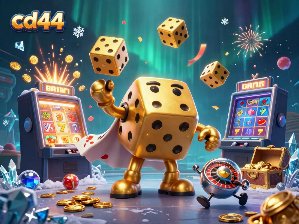 Experience thrilling casino action with cd44 as a golden dice golem juggles winnings and spins the wheel.