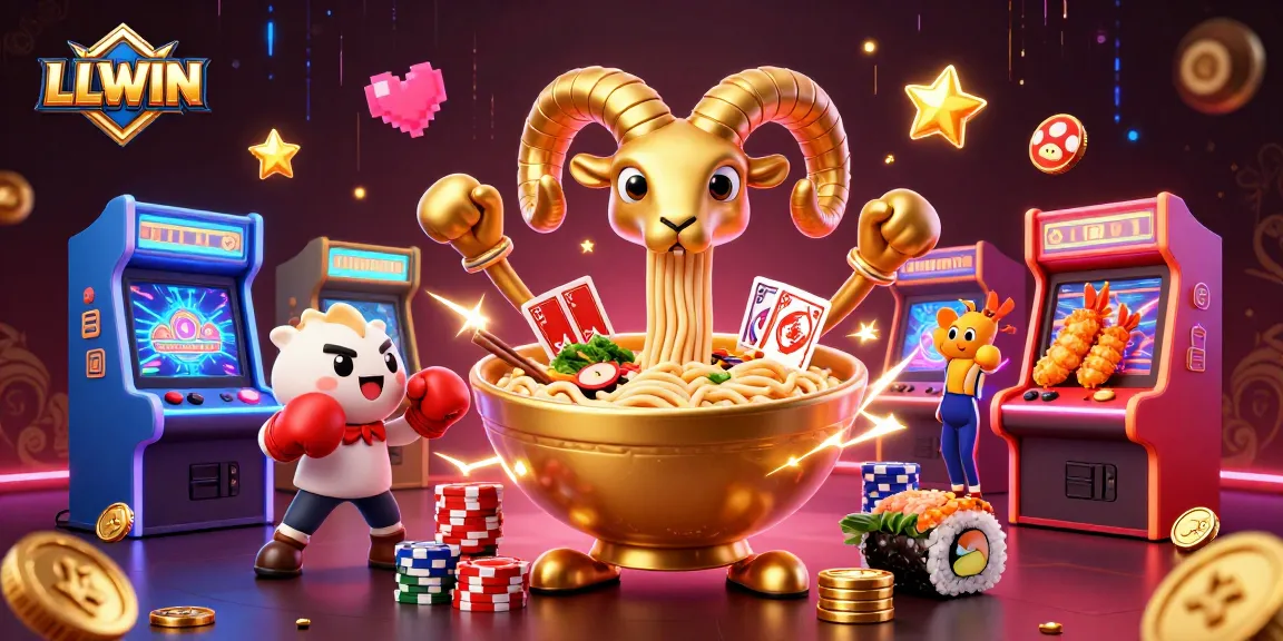 Experience the excitement of LLWIN with a vibrant casino scene featuring playful characters and dynamic game elements.