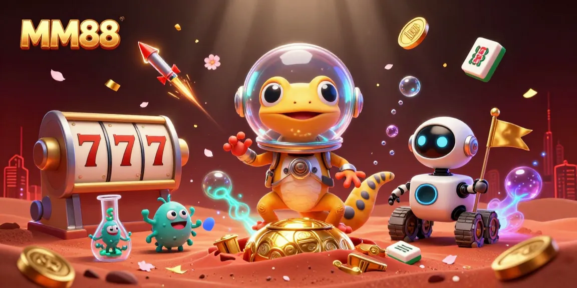 Experience thrilling gaming at MM88 with a vibrant scene featuring a Martian gecko and exciting casino elements.