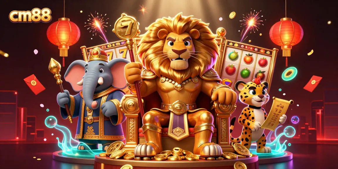 cm88 showcases a vibrant casino scene with a lion king, elephant advisor, and cheetah messenger amidst slot reels and festive elements.