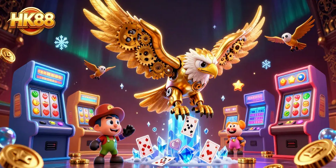 Experience the thrill of winning at HK88 with a dynamic 3D illustration featuring a golden eagle navigating a cascade of cards.