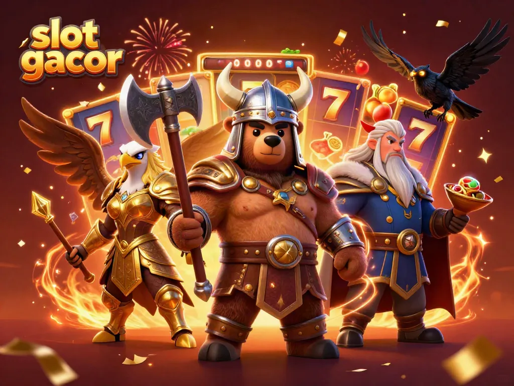 Experience thrilling slot gacor excitement with dynamic 3D illustration featuring lucky symbols and engaging characters.