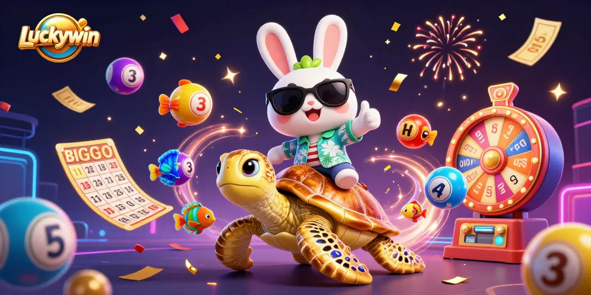 Experience the excitement of Luckywin with a lucky rabbit celebrating wins on a golden turtle amidst vibrant games.