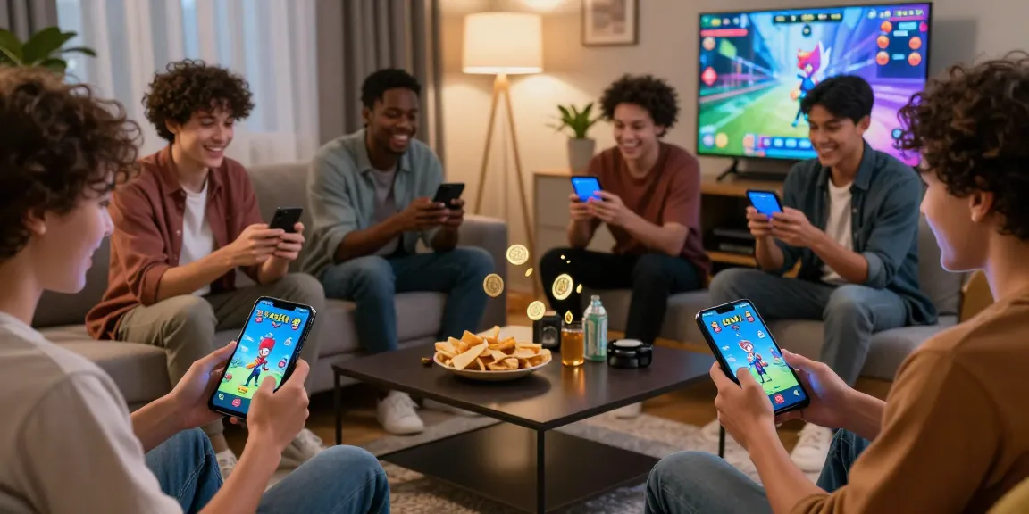 Engaged players play online with 3 Patti Blue, showcasing excitement and colorful interface in a cozy living room.