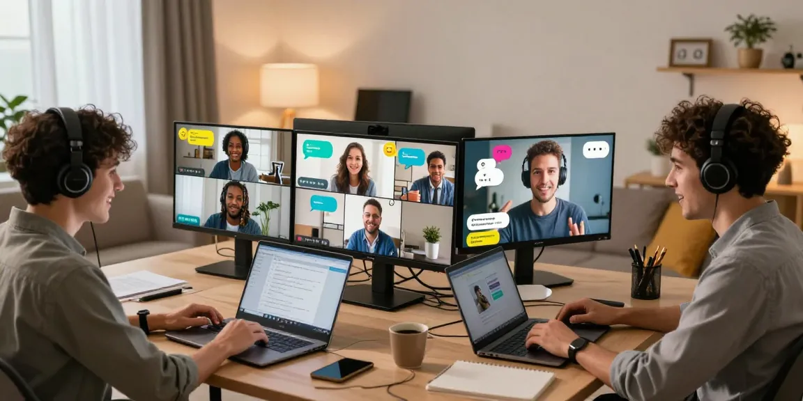 Engaging virtual chat scene showcasing شات تعب interactions among diverse participants in cozy home offices.