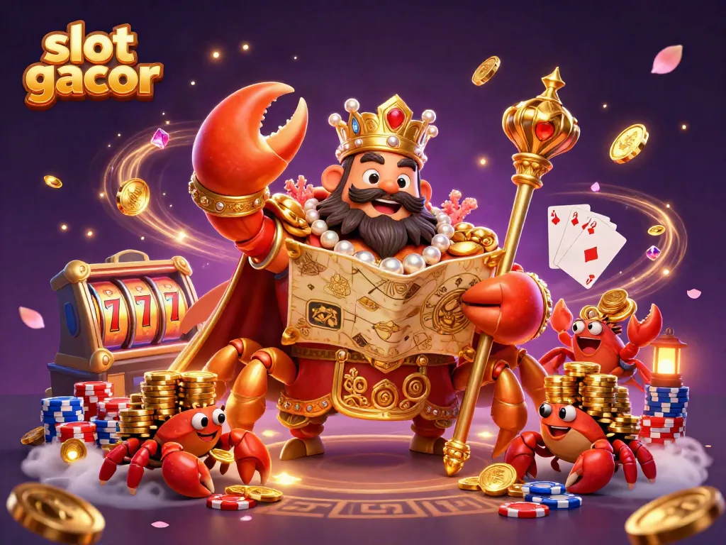 Engage in thrilling gameplay with slot gacor, featuring a majestic emperor crab among riches and slot machines.