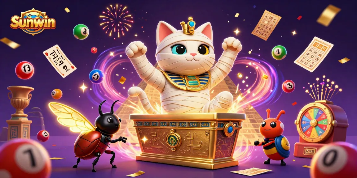 Sunwin features a 3D Egyptian mummy cat and scarab beetle engaging in thrilling casino activities.