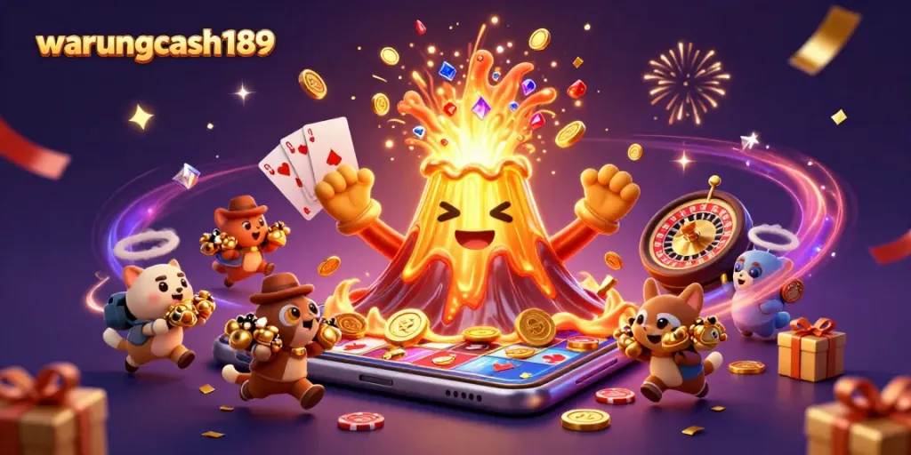 Experience the excitement of warungcash189 with treasures erupting from a golden volcano in a dynamic casino scene.