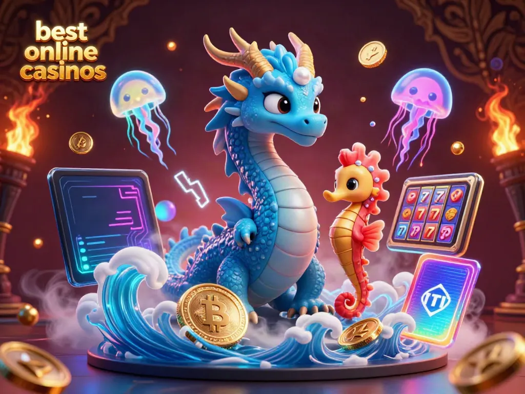 Experience the best online casinos with our vibrant illustration featuring a dragon, seahorse knight, and glowing jellyfish.