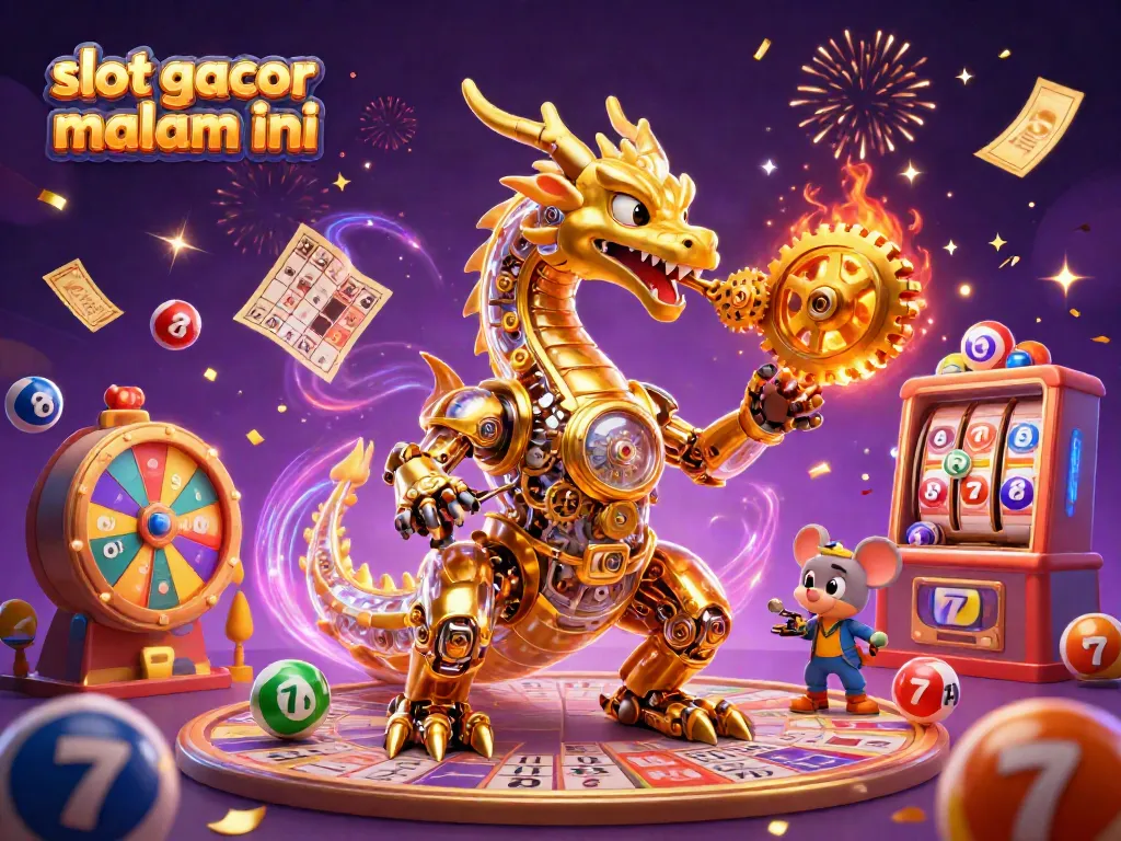 Menyaksikan slot gacor malam ini dengan naga emas mekanik dan bola lotere berwarna.