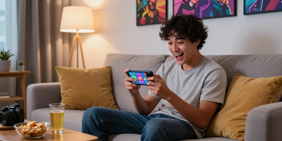Engaged gamer using the Slots PK app on smartphone in a cozy living room setting, showcasing vibrant gaming graphics.