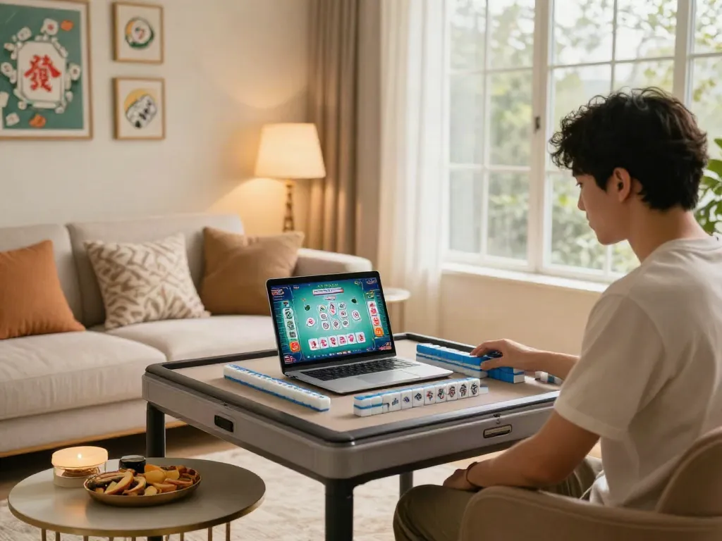 Pemain asyik bermain slot Mahjong di ruang tamu dengan suasana hangat.