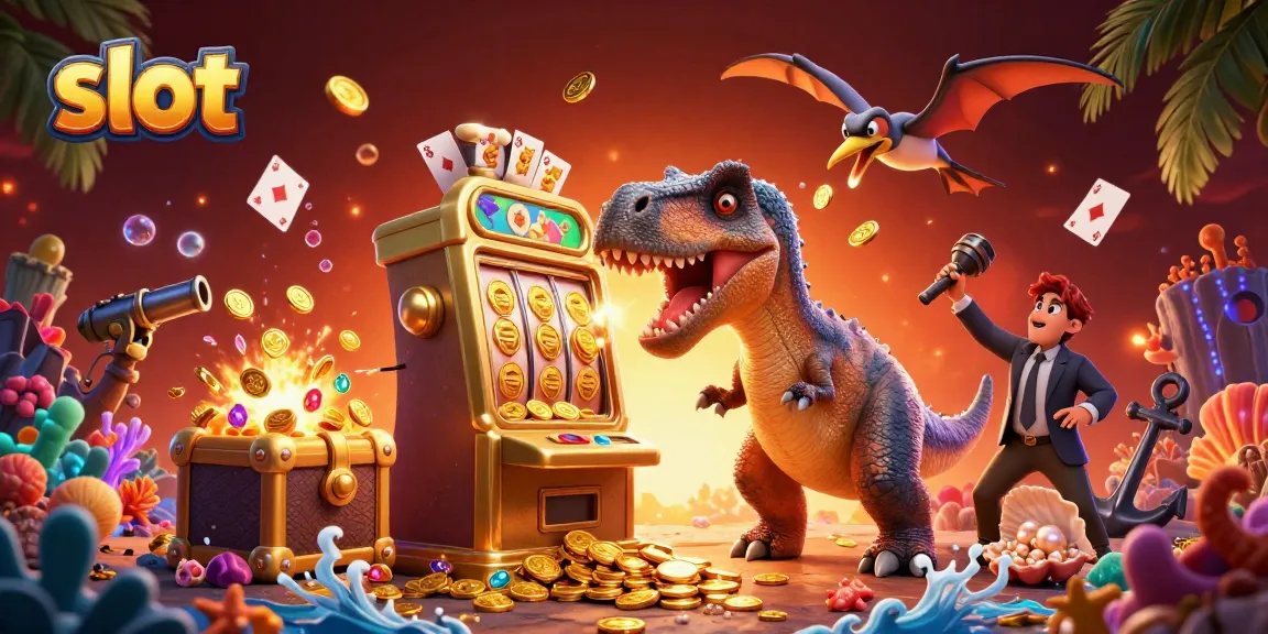 Slot yang menarik dengan dinosaurus beraksi dan jackpot koin terbang di udara.