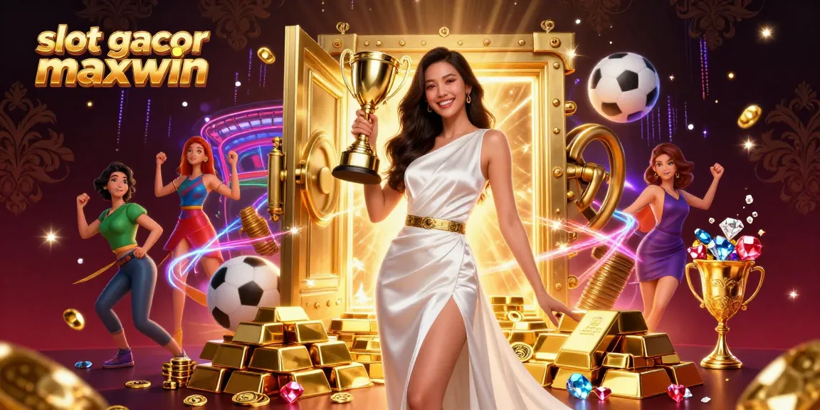 Experience victory with slot gacor maxwin as a stunning woman celebrates with a trophy in a vibrant casino scene.