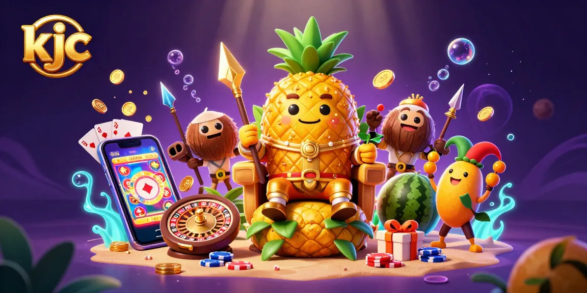 KJC showcases lively casino fun with the golden pineapple king and friends playing vibrant games and winning big!