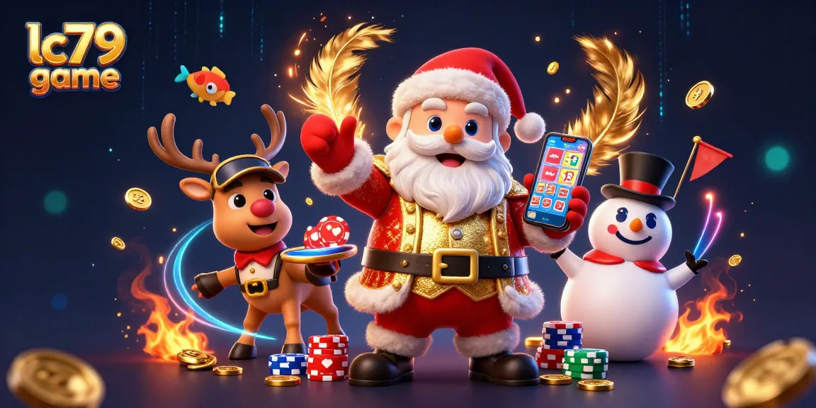 Bắn cá LC79 game hấp dẫn với Santa, tuần lộc và người tuyết đang chơi game trong khung cảnh lôi cuốn